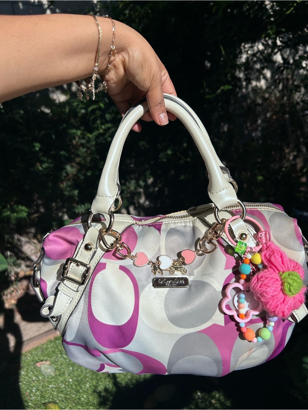 Coach White, Pink & Gray Signature Satchel with Floral Charm